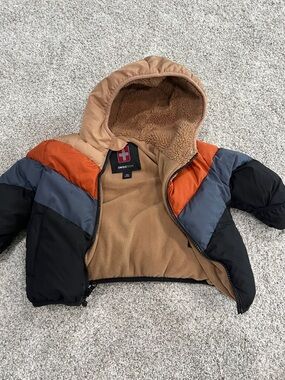 Swiss Tech Kids Hooded Colorblock Puffer Jacket - Black, Orange, Tan, Gray